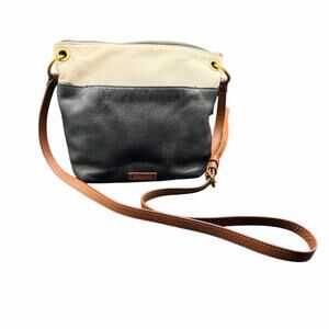 Fossil Leather Colorblock Crossbody Bag Black brown Cream Brass Hardware